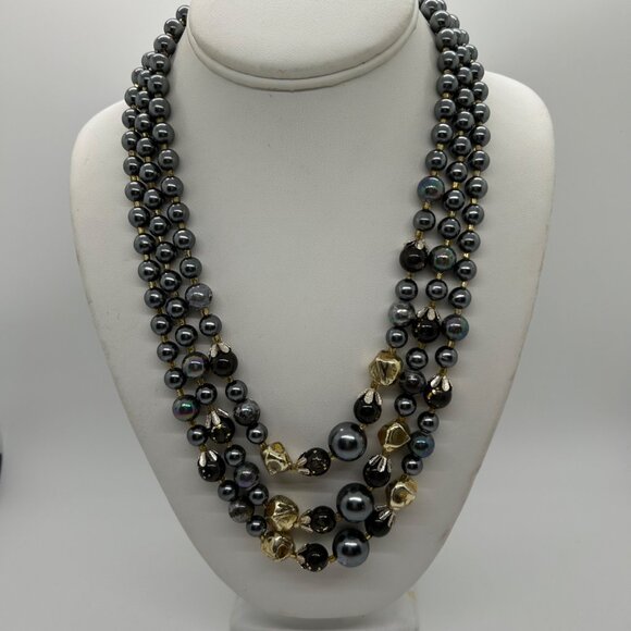 Vintage Three-Strand Gray Gold Iridescent Bead Faux & Pearls Prom Formal - Picture 2 of 16